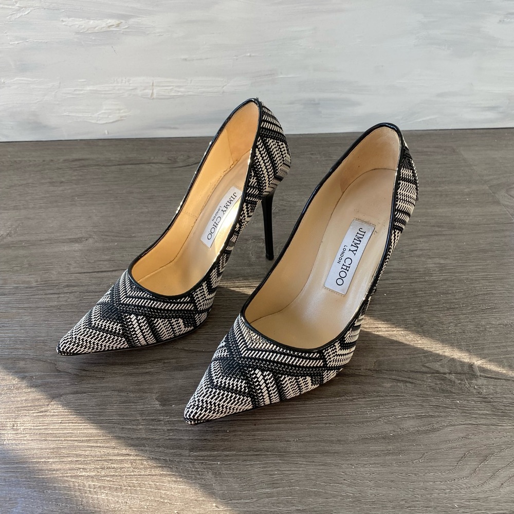 Jimmy Choo Abel Heels in Black and White Raffia - Picture 2 of 10